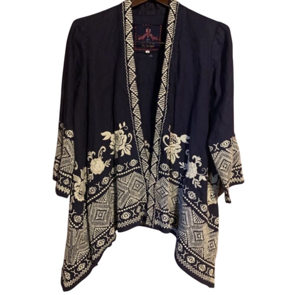 Johnny Was JWLA JW Navy Linen Kimono Embroidered Roses Cardigan size Small